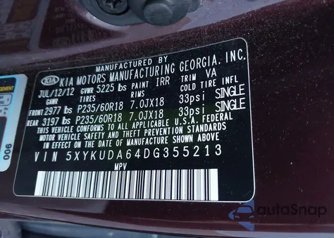 2013 Kia Sorento Ex from USA, damaged, VIN 5XYKUDA64DG355213